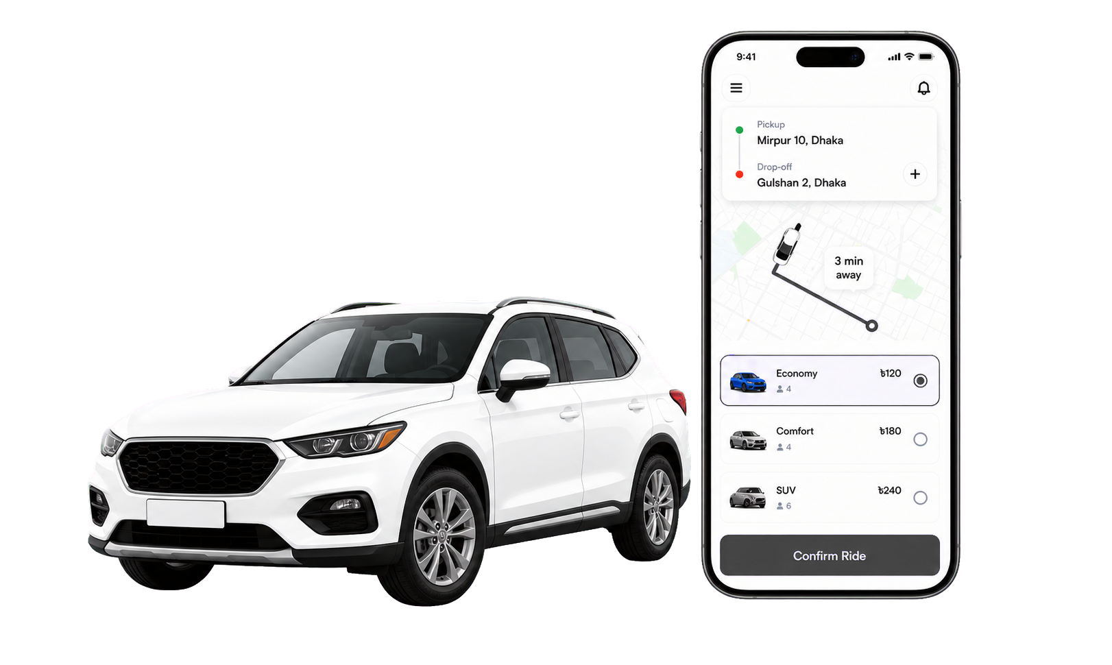 Interface de réservation de l'application Rungo avec une voiture